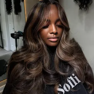 Balayage Highlight Brown Colored Body Wave 13X4 Lace Frontal Wig Human Hair Full HD Lace Front Wig  Pre-Plucked Hairline and Bleached Knots Affordable Wigs For Women