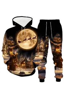 Men's Christmas Night 3D Printed Hoodie Set, Fitted Long Sleeve Sweatshirt & Pants, Holiday, Fall Winter Perfect Gift, Menswear Outfit