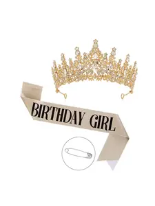 Women's Crystal Headpiece Crown Tiaras & Birthday Shoulder Strap Set, Luxurious Alloy Sparkling Crystal Accessory