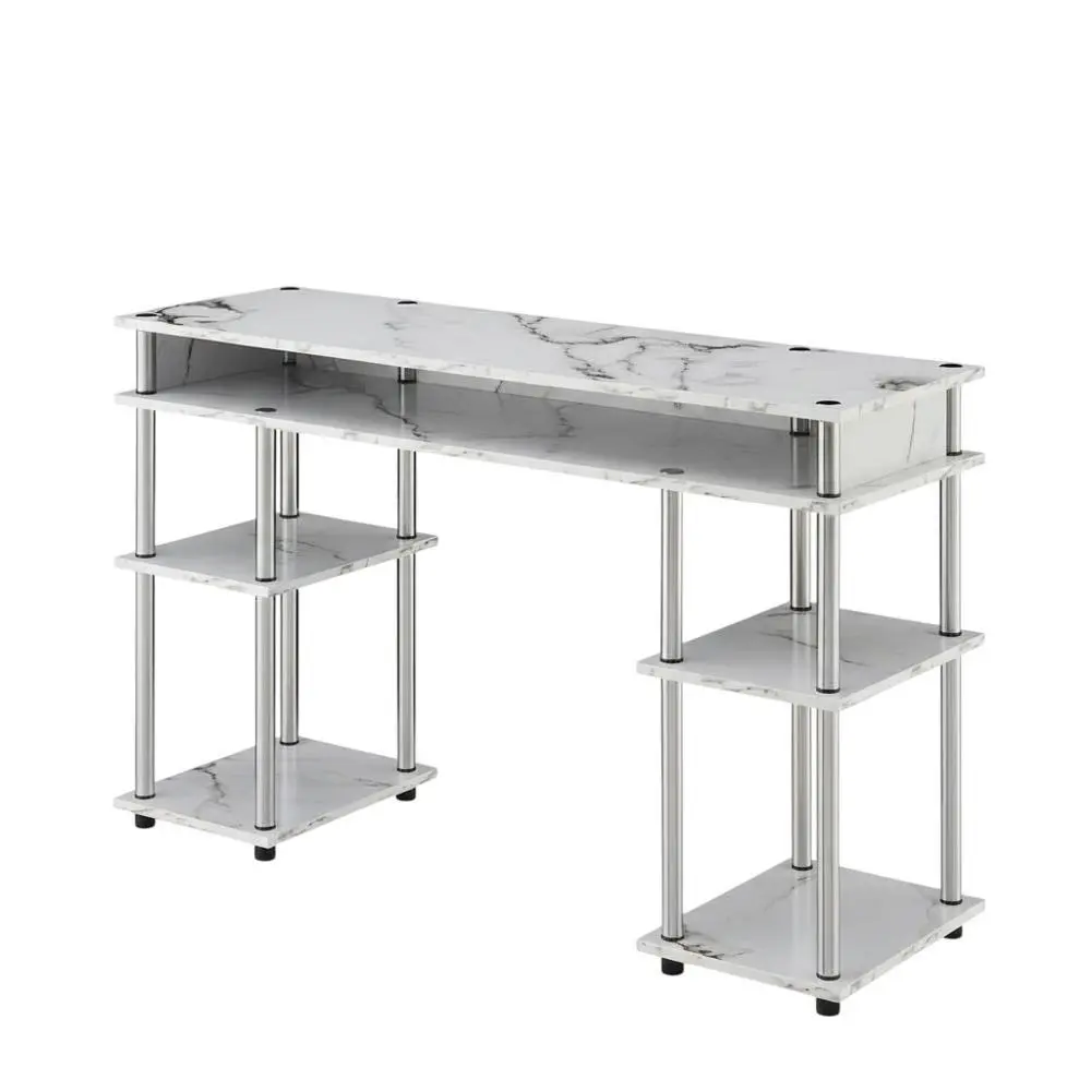 White Marble Student Desk, Integrated Charging Station For Efficient Workspace