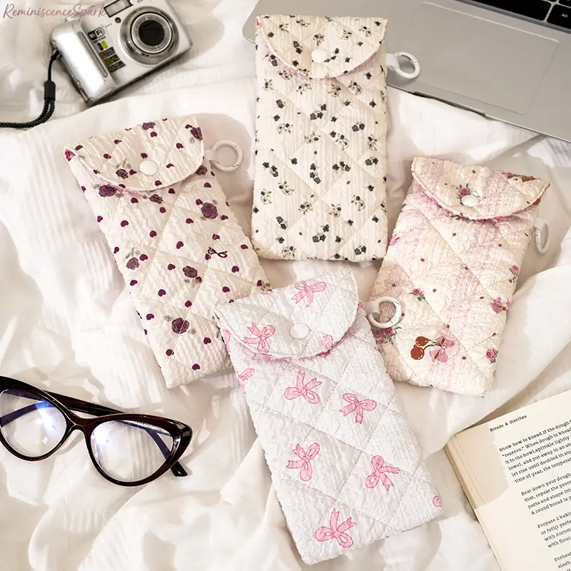 Women's 4-Pack Kawaii Floral & Bow Print Quilted Soft Eyeglass Pouch with Snap Button, Chic Fashion Flowers Design Unisex School Eyewear Protector, Lightweight for Travel & Daily Carry