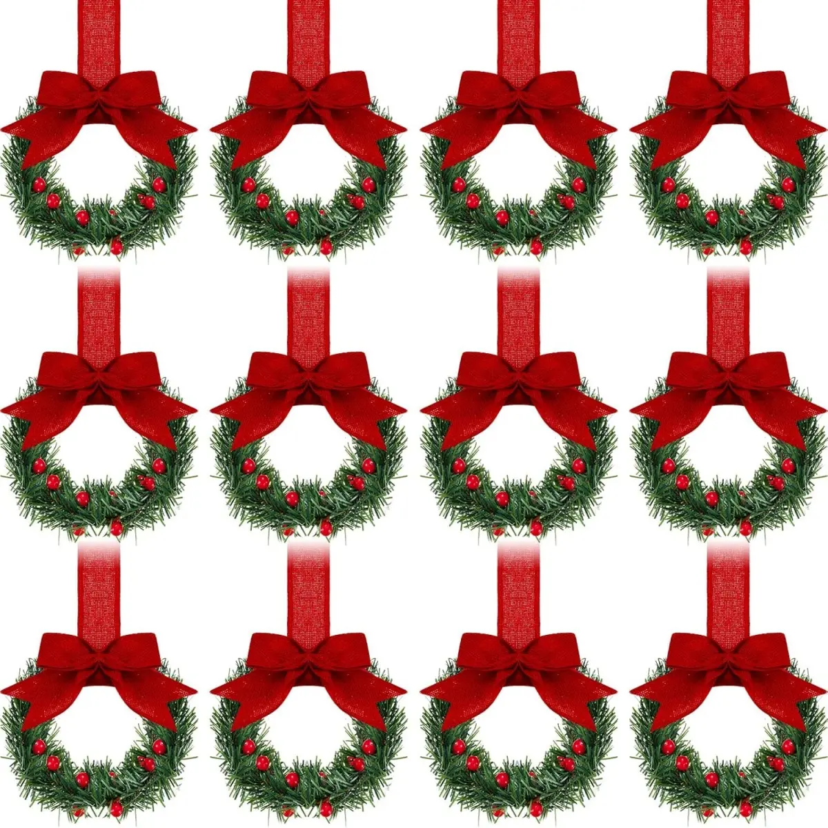 12 Pcs Christmas Kitchen Cabinet Wreaths with Ribbon, 3.94 Inch Mini Christmas Wreath, Small Kitchen Xmas Decor for Window Door