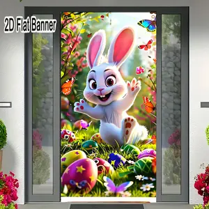 2D flat banner, 1pcAnimated White Bunny Easter Garden Decor | Springtime Easter Eggs Party Prop, Colorful Butterflies & Flowers Festive Scene for Easter Celebration Decorgalentines party decor, valentine day decor, decorations for valentines day
