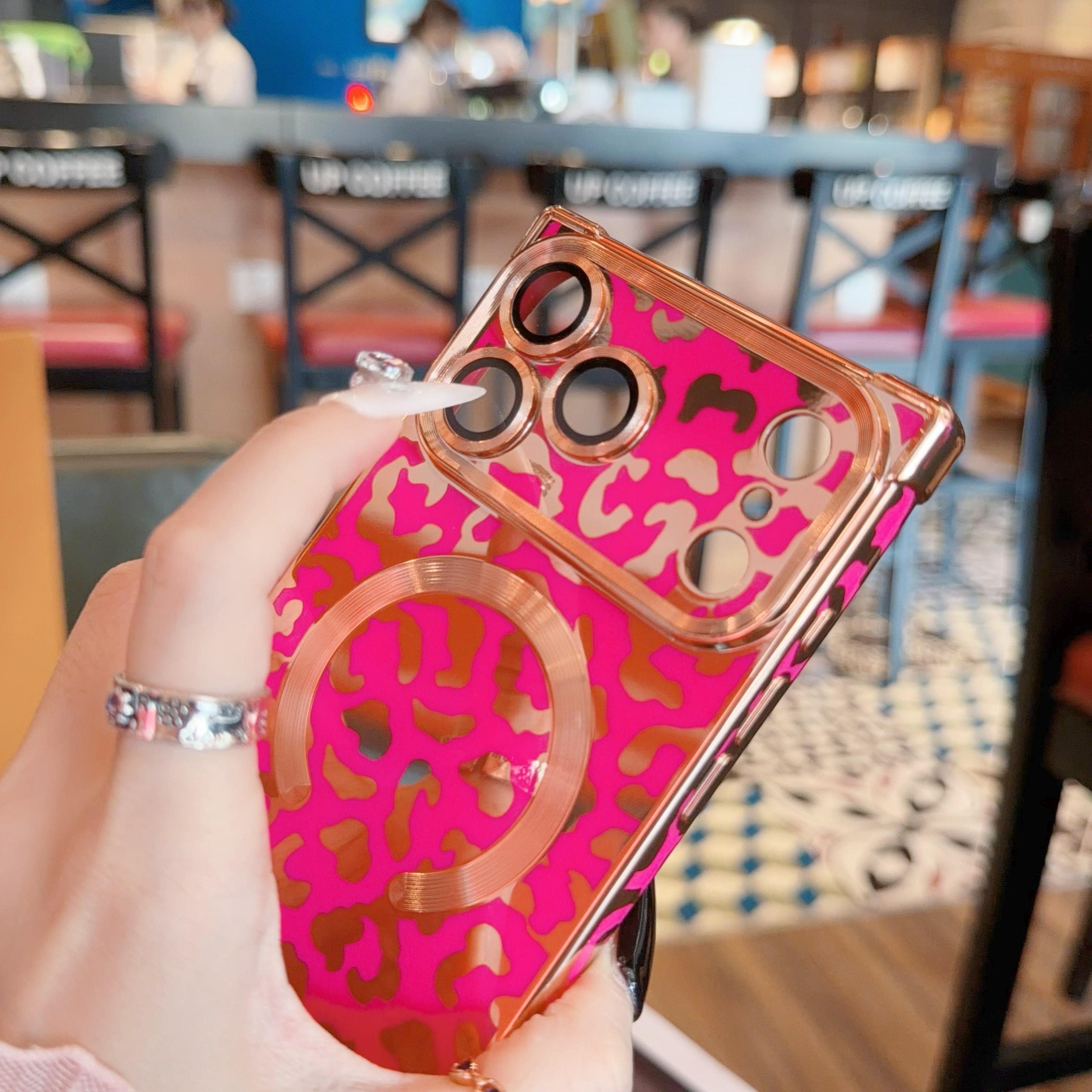 Luxury Leopard Print Glossy Square Phone Case 5-Piece Set with Matching Beads, Silicone Suction Seat, Hanging Rope, Chain, Shockproof Durable Cover, Magnetic Wireless Charging Compatible for iPhone 13/14/15/16/17 Series