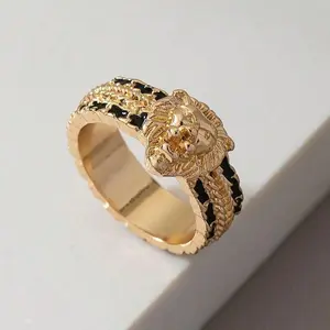 14k Yellow Gold Black Finish Lion Head Ring with  Sizes Circumference 2.4 in