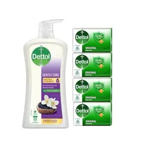Dettol Body Wash Gentle Care Soap Free pH Balanced Habbatus Sauda & White Jasmine Scent 900g Bottle & 4 Original Soap Bars 100g Each Cleanser
