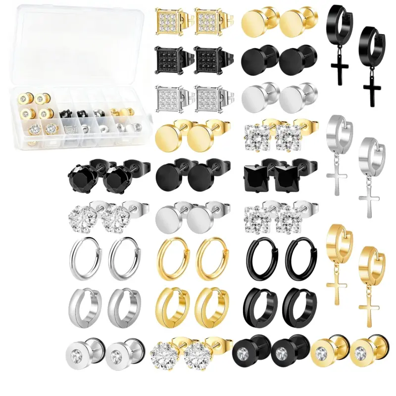 27 PCS Stianless Steel Men's Earrings, paired with a transparent jewelry storage box. Hypoallergenic cubic zirconia men's earrings, stud hoop earrings, dangling cross earrings. Piercing jewelry set for men and women. Silver/Gold/Black.