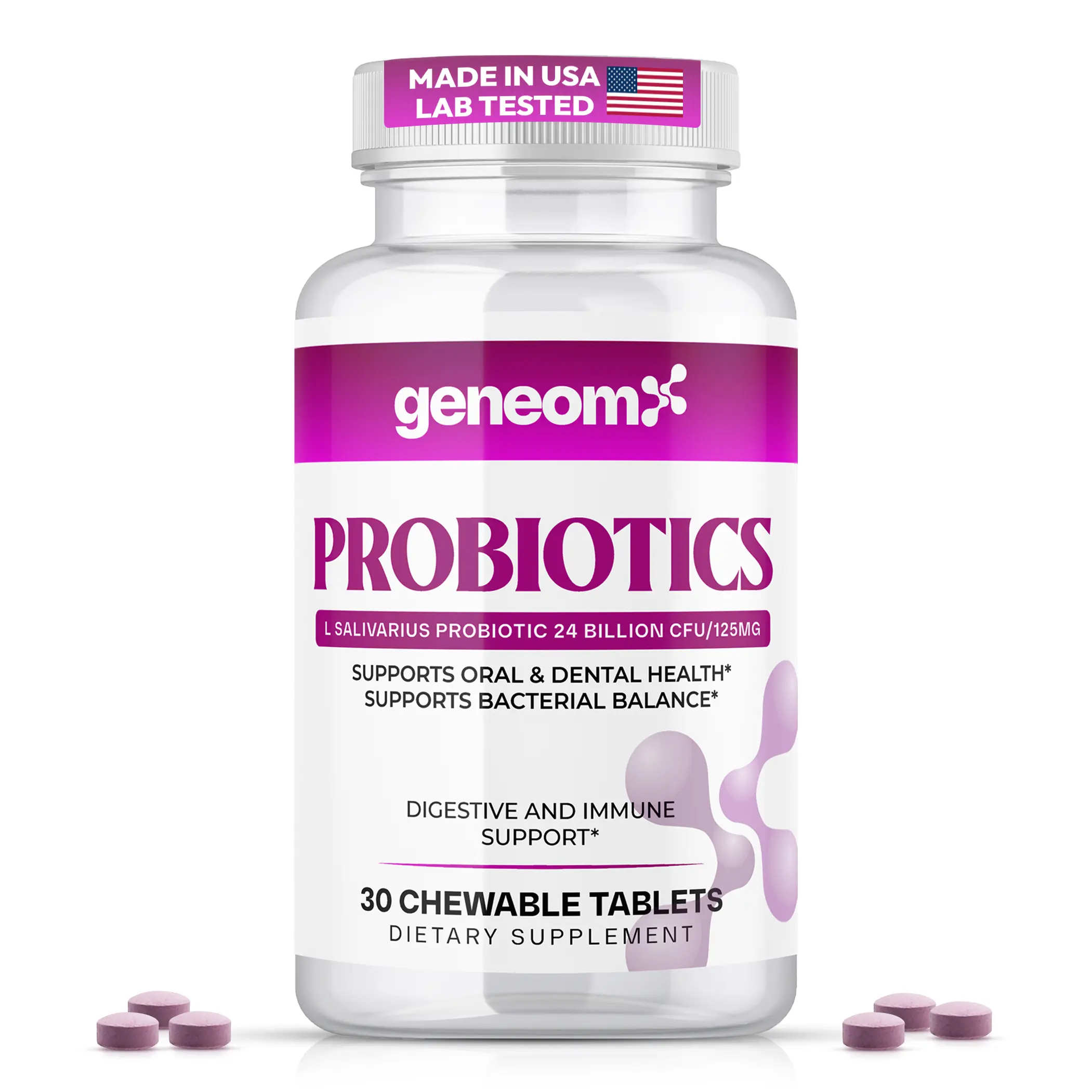 Geneomx Probiotics L. Salivarius Supplement - 24B CFU Chewable Tablets, Supports Oral, Digestive & Immune Health, Gut Bacteria Balance, Non-GMO, Gluten Free, Vegan - 30 Count