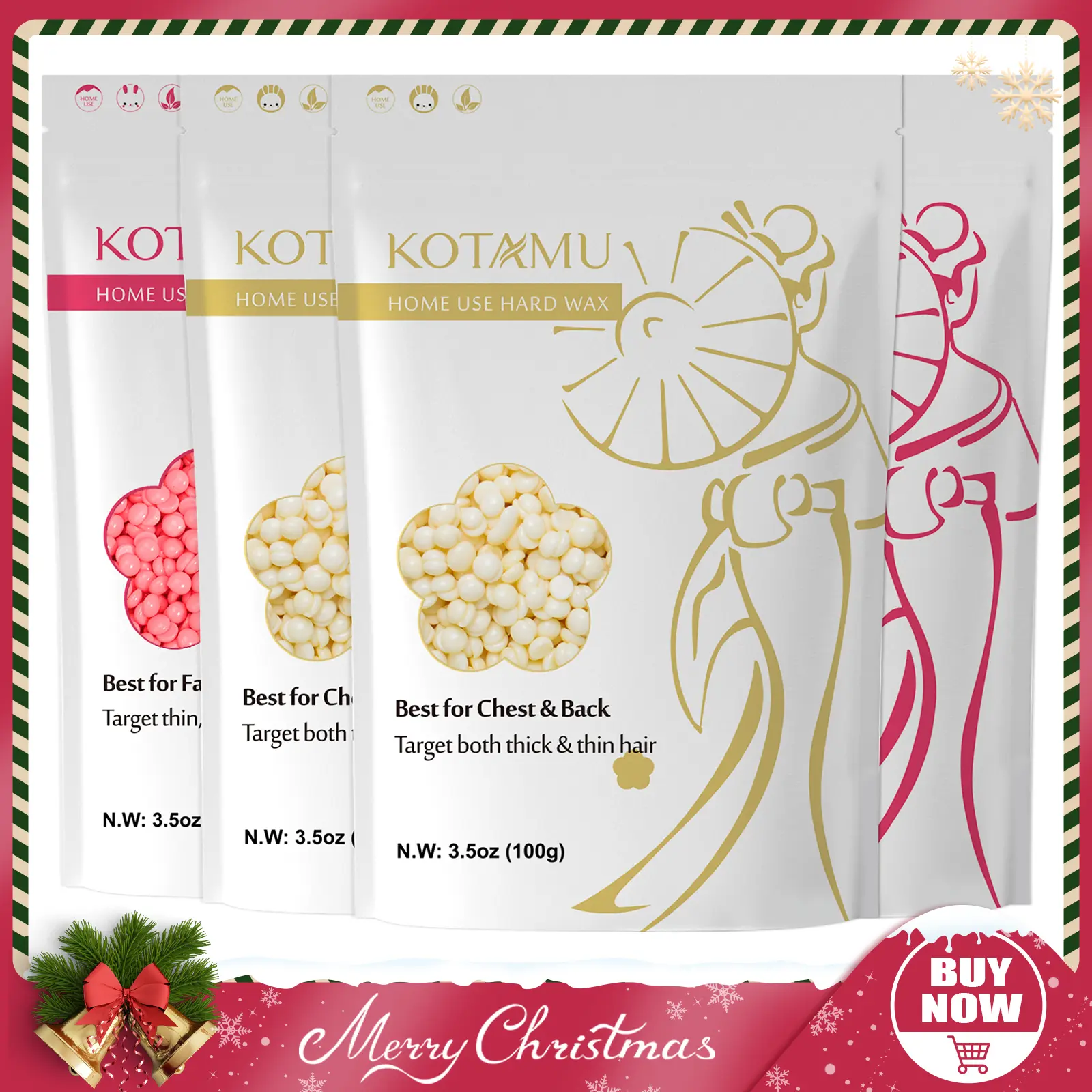 KOTAMU Hard Wax Beads, 4 Packs Waxing Beads for Hair Removal- Facial Bikini Brazilian Leg Sensitive Skin Full Body- Stripless Wax Beans Kit for Coarse & Fine Hair, Ideal for Women Men Home Salon Use