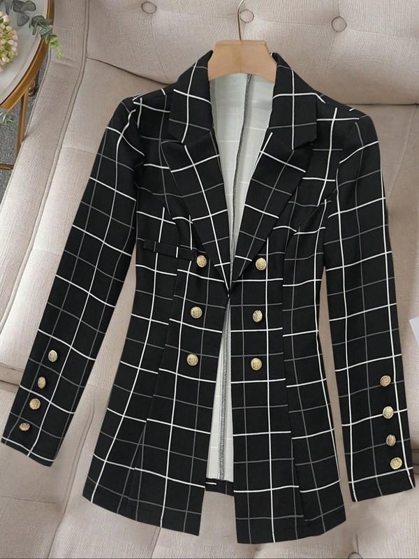 Women's Plaid Gold Button Casual Blazer Jacket, Elegant Simple Design, Office Party Autumn Winter Wear, Fitted Woven Fabric