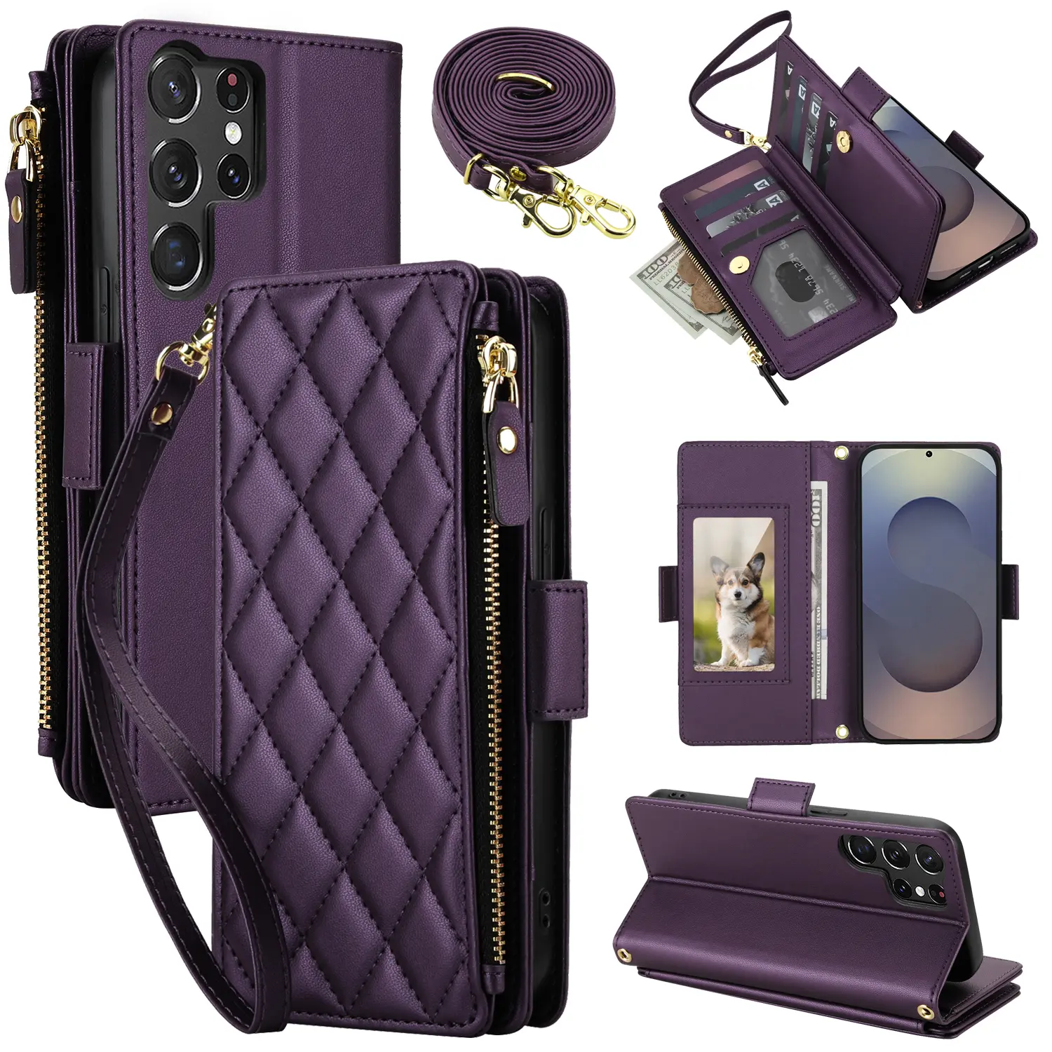 HISTORYOO 9 Cards Slots Holder Wallet Case For Samsung Galaxy S26 S25 Ultra S24 S23 Plus S22+ Handbag Luxury Large Capacity PU Leather Zipper Cash Coin Purse Bag Flip Kickstand Shockproof Full Body Protection Cover Wristlet Wrist Crossbody Lanyard Strap