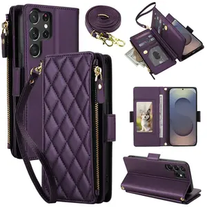 HISTORYOO 9 Cards Slots Holder Wallet Case For Samsung Galaxy S26 S25 Ultra S24 S23 Plus S22+ Handbag Luxury Large Capacity PU Leather Zipper Cash Coin Purse Bag Flip Kickstand Shockproof Full Body Protection Cover Wristlet Wrist Crossbody Lanyard Strap
