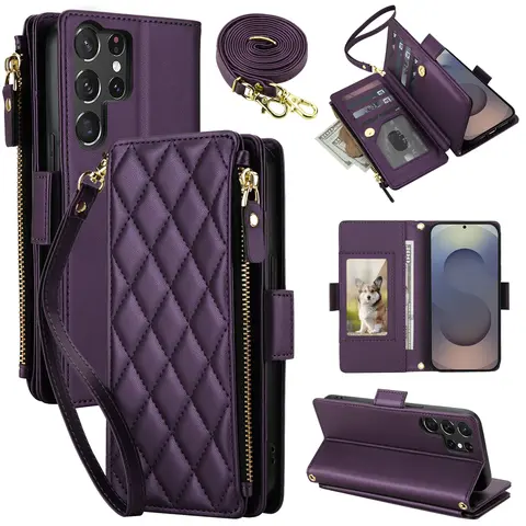 HISTORYOO 9 Cards Slots Holder Wallet Case For Samsung Galaxy S26 S25 Ultra S24 S23 Plus S22+ Handbag Luxury Large Capacity PU Leather Zipper Cash Coin Purse Bag Flip Kickstand Shockproof Full Body Protection Cover Wristlet Wrist Crossbody Lanyard Strap