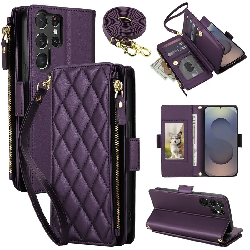 HISTORYOO 9 Cards Slots Holder Wallet Case For Samsung Galaxy S26 S25 Ultra S24 S23 Plus S22+ Handbag Luxury Large Capacity PU Leather Zipper Cash Coin Purse Bag Flip Kickstand Shockproof Full Body Protection Cover Wristlet Wrist Crossbody Lanyard Strap