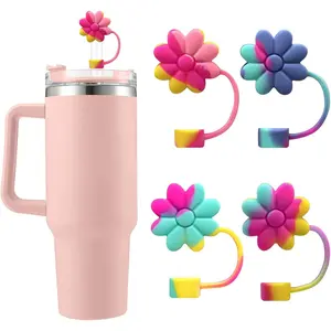 Flower Straw Covers Toppers Silicone Accessories for Stanley Cups 30&40 Oz Tumbler with Handle Reusable Colorful Straw Caps Tips for Stanley 0.4in Straws Dust-Proof Straw Lids(4 Pcs)