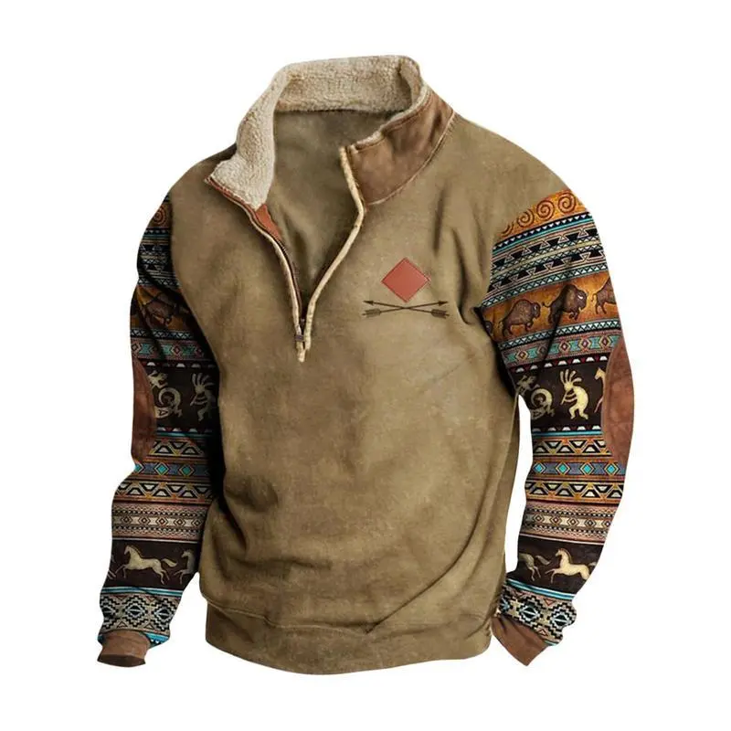 Vintage Aztec Sweatshirt Brown Aztec Pullover 1/4 Zip Stand Collar Long Sleeve with Pocket - Large Casual Fleece Menswear Athletic Cotton Jacket Vintage Aztec Sweatshirt Brown Aztec Pullover 1/4 Zip Stand Collar Long Sleeve with Pocket - Large Casual Fleece Menswear Athletic Cotton Jacket