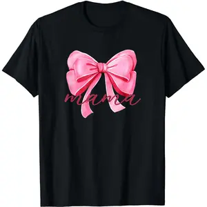 Premium model-Unisex-100% cotton-Transfer-DIY-Mama Pink Bow Birthday Baby Shower Family Pink Ribbon T-Shirt Casual Canvas Polyester Fabric