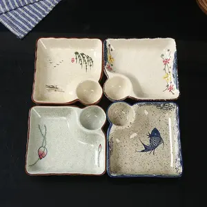 Chinese Style Ceramic Dipping Sauce Plate, 1 Count Seasoning Plate, Salad Serving Plates, Steak Plate with Dipping Sauce Partition, Kitchen Accessories