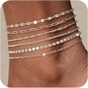 Tewiky Dainty Ankle Bracelets For Women Waterproof Anklets Layered Cuban Chain Herringbone Blocks Anklets Set Summer Beach Jewelry Beaded Jewellery For Blackfriday Christmas Trendy Fashionable Accessories Gothic Stainless Steel Textured