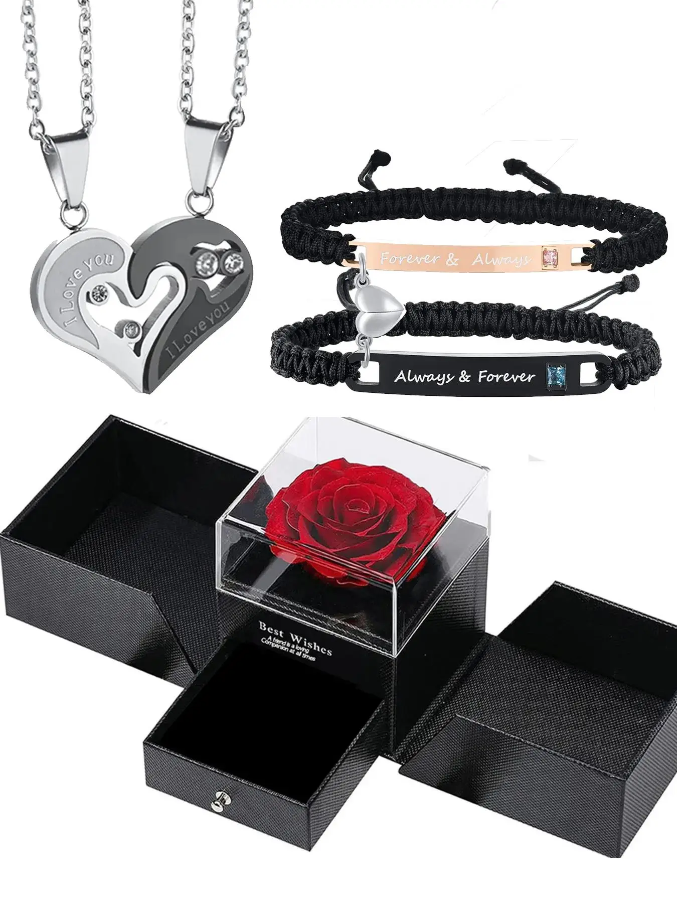 4 Piece Couple Bracelet Necklace Set, Matching Jewelry Set, Magnetic Couples Jewelry Gift, Perfect Christmas Gift Anniversary Birthday Present for Him Her, Jewellery Gift Set