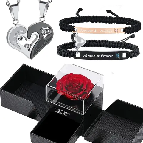 4 Piece Couple Bracelet Necklace Set, Matching Jewelry Set, Magnetic Couples Jewelry Gift, Perfect Christmas Gift Anniversary Birthday Present for Him Her, Jewellery Gift Set