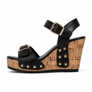 Women’s wedge sandals, studded buckle open-toe platform heels, cork wedge slingback sandals, summer casual party beach shoes
