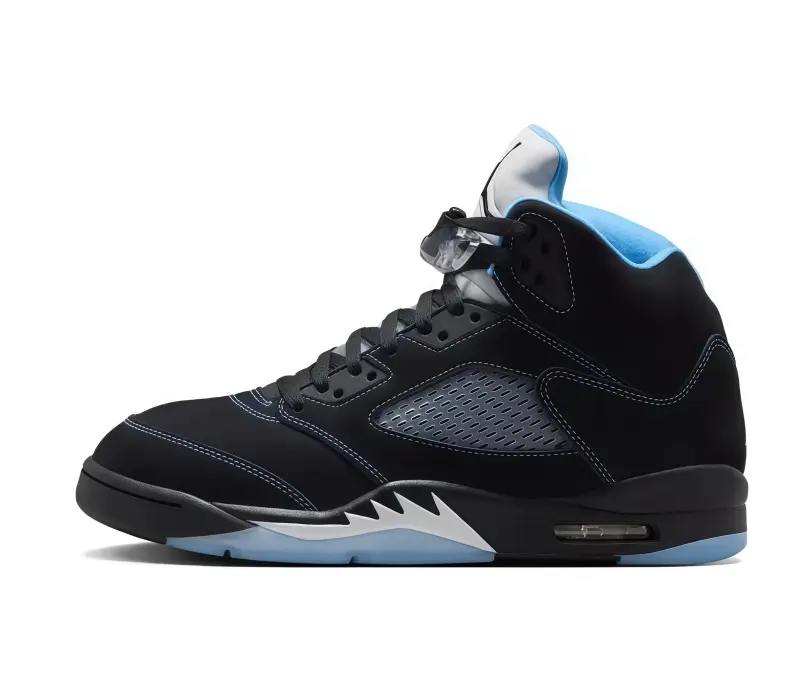 Black suede high-top basketball sneakers matched with light blue inner lining and outsole. Shock-absorbing midsole supports sports performance and daily street styling.
