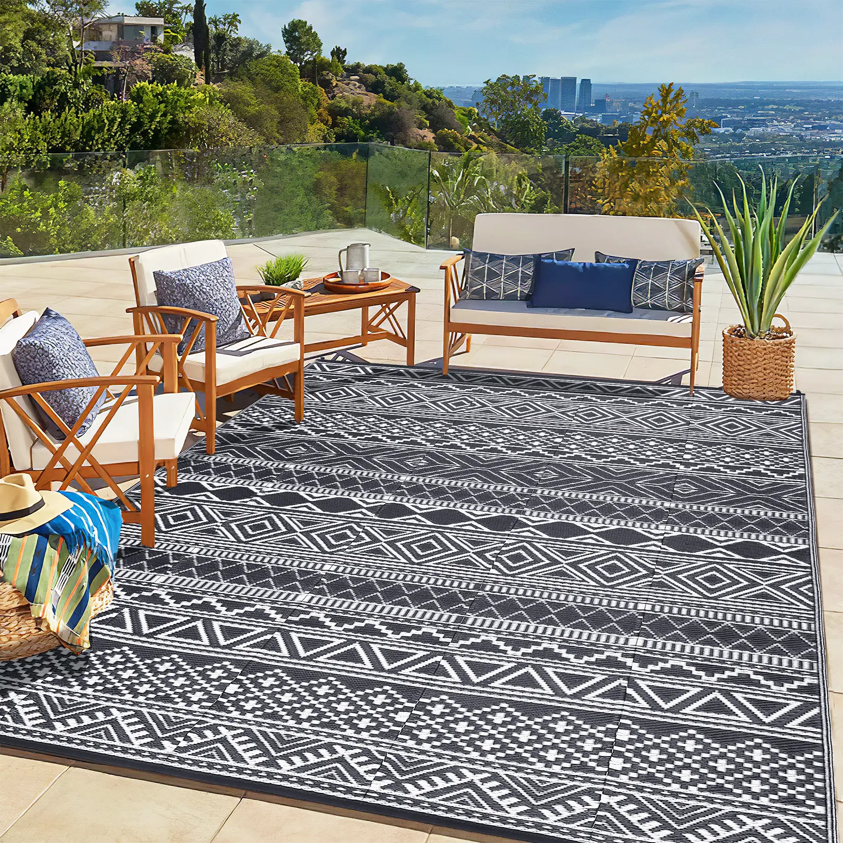 Reversible Large Recyclable PP Outdoor Plastic Straw Rug - Eco-Friendly, Durable, Waterproof Surface, Stain Resistant, Easy-Clean, Foldable, Lightweight Patio & Deck Decor for Backyard, Camping, Outdoor Rug, Backyard Area