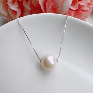 Piswency Freshwater Pearl Necklace, 12mm Real Pearl Pendant, 925 Sterling Silver Adjustable Chain, Minimalist Simple Pearl Jewelry Gift for Her