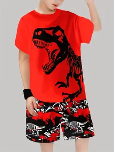 Boys Dinosaur Skeleton Theme Set, Contrast Tyrannosaurus Top + Full Print Shorts, Casual Fitted for Outdoor Wear