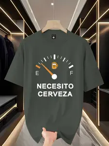 Funny Beer-Themed Short Sleeve T-Shirt, Fun Design with Spanish Text & Gas Gauge Graphic, Perfect for Casual Wear