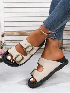 Women's Fashionable Solid Color Buckle Decorated Sandals, Casual Comfortable Platform Sandals for Summer, Lightweight Breathable Shoes for Daily Wear, Girl, Buckle Decorated Slides