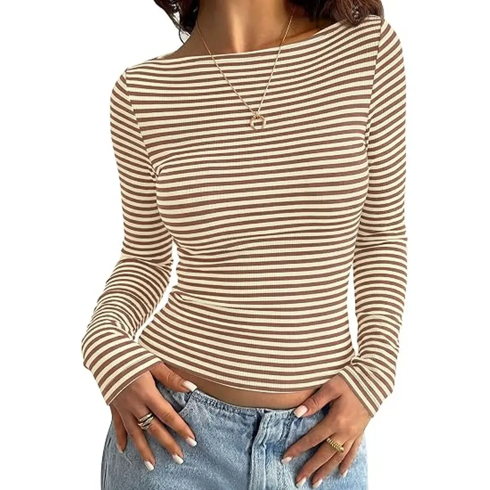 PRETTYGARDEN Long Sleeve Striped Shirts for Women | Soft Ribbed Knit ,Y2k Tshirt,Slim Fit Layering,Cute Tops,Basic Tee,Business Casual Outfits, Spring Fall Trendy Clothes#SohoChic