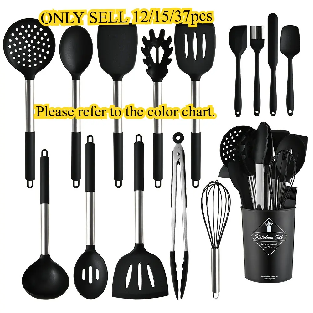 37-Piece Silicone Kitchen Utensil Set, Cooking Utensils, Stainless Steel Handle, Non-Stick Heat Resistant, Includes Storage Rack