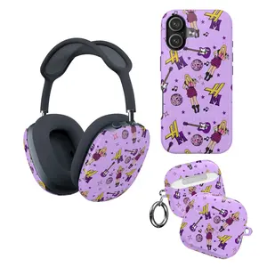 Montana 20th Anniversary Inspired 4-in-1 Accessory Set for iPhone 16 15 14 13 Pro Max AirPods Pro 2 3 and AirPods Max, Retro Y2K Rockstar Purple Aesthetic Protective Case Cover with Disco Ball & Guitar Pattern, Cute Teen Girl Gift Tech Bundle Set