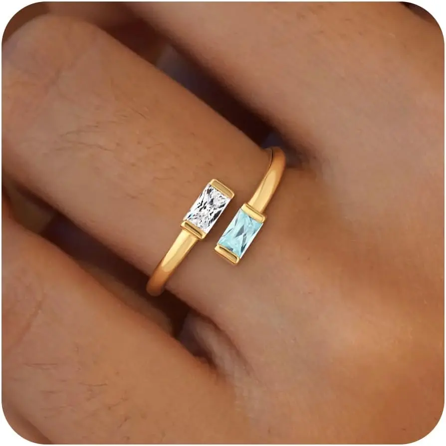 Gold Birthstone Rings for Women Non Tarnish K Gold Plated Adjustable Emerald Ring Cubic Zirconia Gemstone Promise Ring for Her Engagement Personalized Waterproof Jewelry Gifts for Birthday