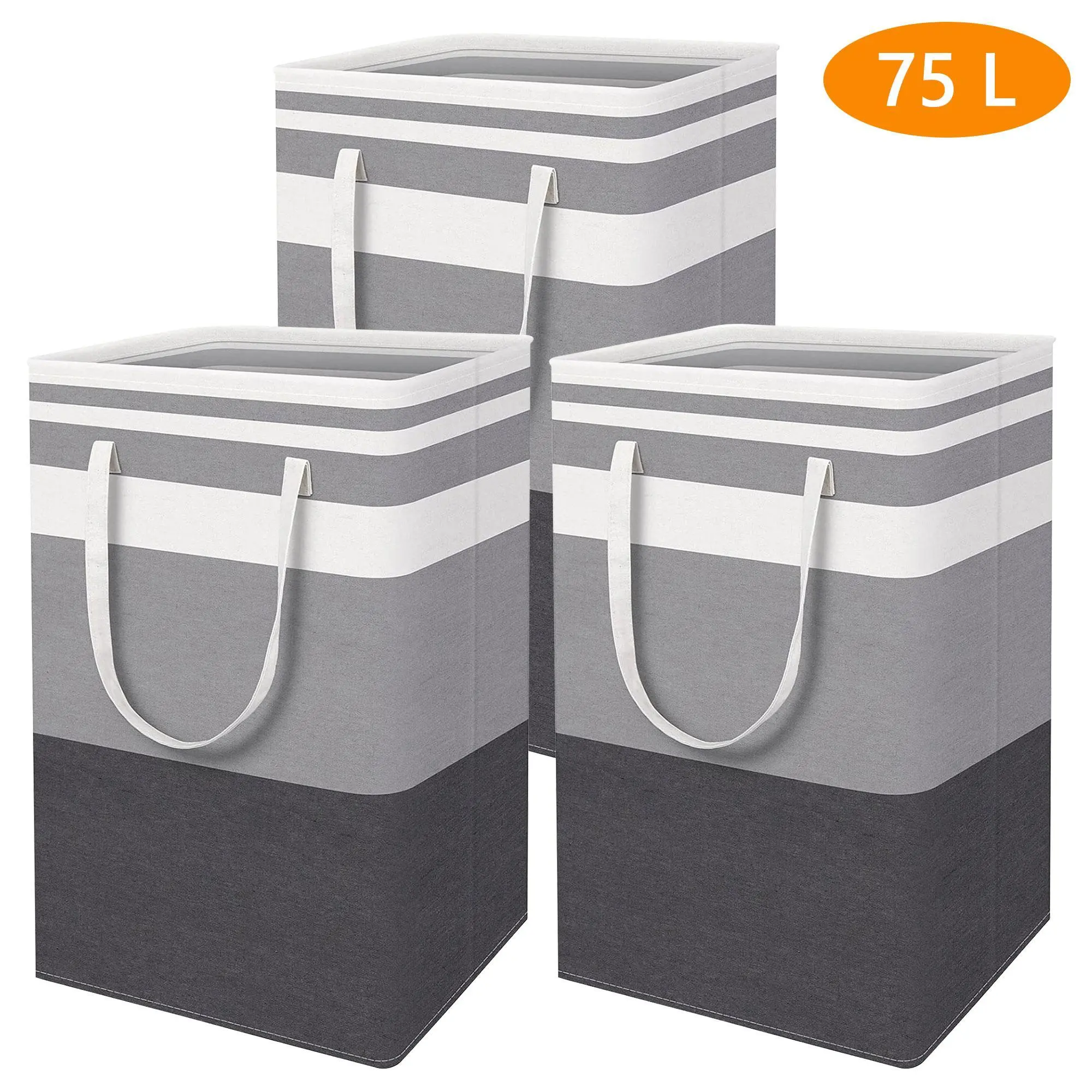 3-Pack Large Collapsible Laundry Baskets, 75L Freestanding Waterproof Baskets with Easy-Carry Handles, for Home & Dormitory Clothes, Towels (Gradient Gray), Collapsible Laundry Basket