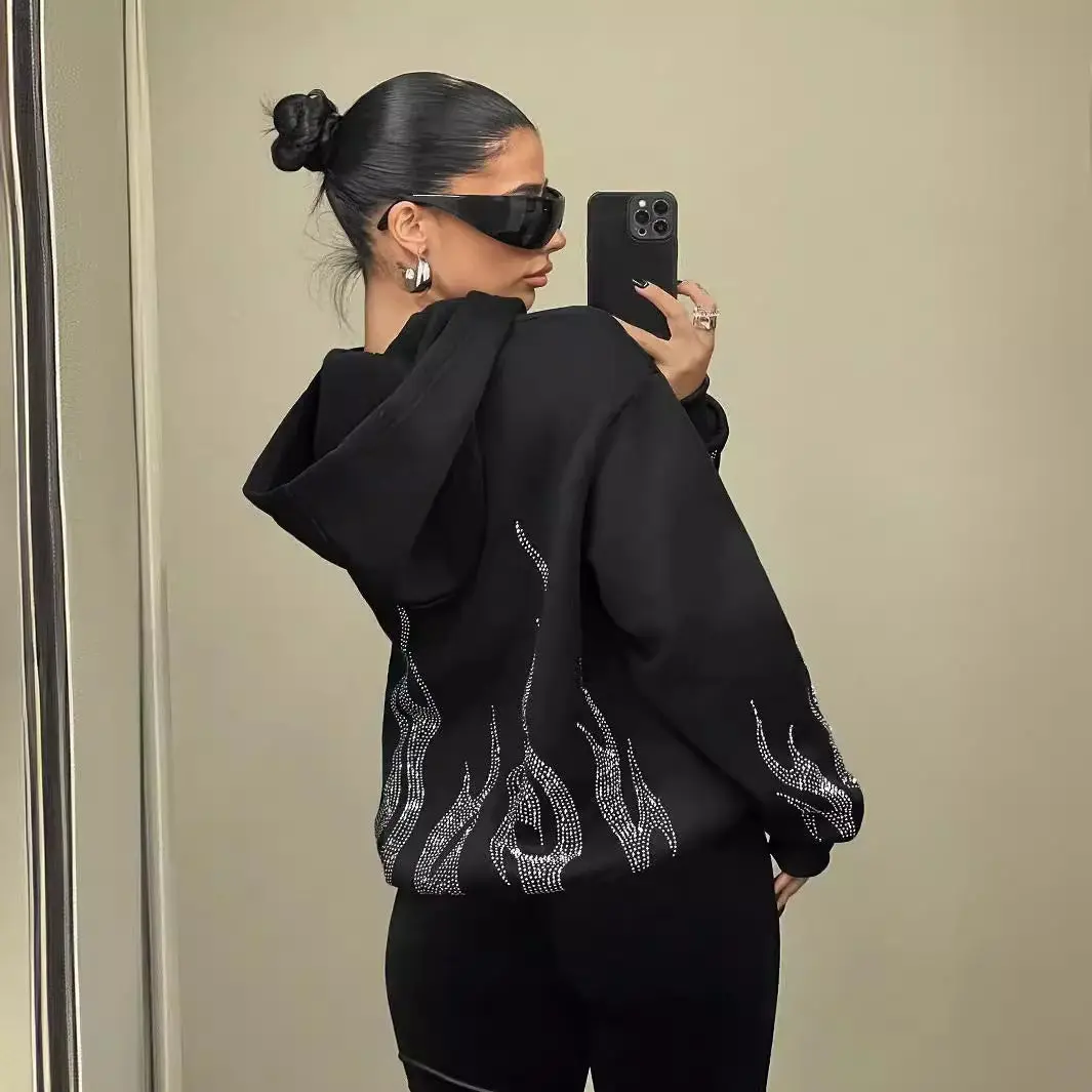 Street Trend Flame Rhinestone Loose Zip up