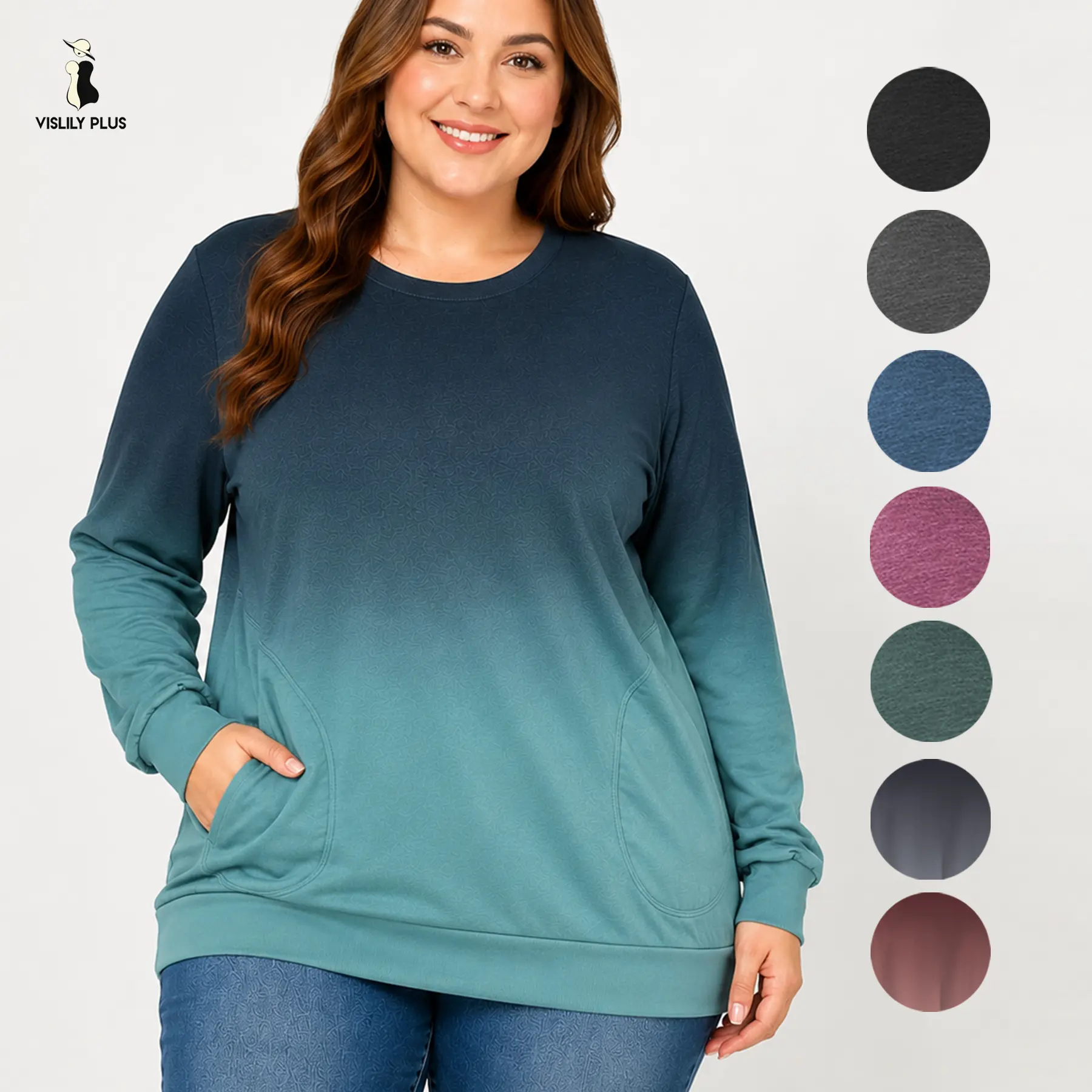 Vislily Women's Plus-Size Rayon Blend Sweatshirts - Round Neck, Long Sleeve, Gradient, Casual Basic, Chic Lightweight, Soft Stretchy Fabric, Cozy Fit, Pockets, Stylish, Women's Clothes, Plus Size Apparel, XL-5XL RPS2004