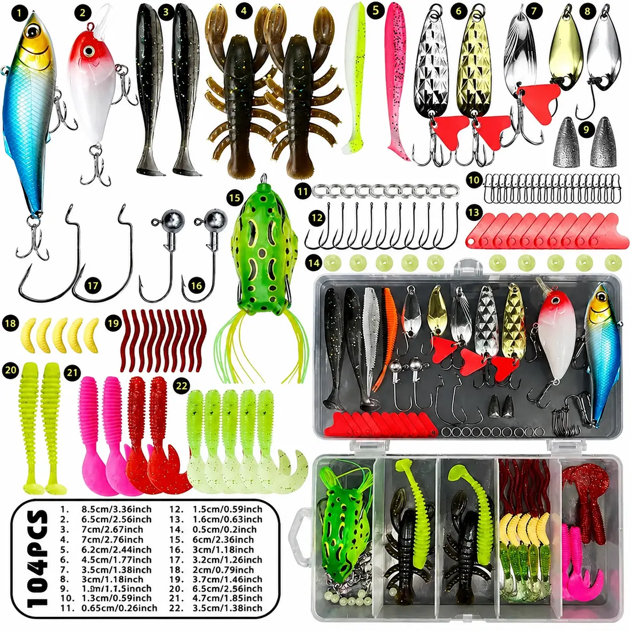 104PCS Fishing Lures Tackle Kit with Tackle Box - Hard Baits, Soft Plastic Worms, Frog Lure, Spoon Lures, Hooks for Freshwater Bass Trout Fishing