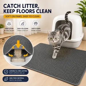 Honeycomb Grid Double-Layer Cat Litter Mat, 29.6"x21.7" with Side Opening, Waterproof Base, Soft EVA Material, Anti-Slip Backing, Litter Trapping, Easy to Clean Floor Protector for Kitty