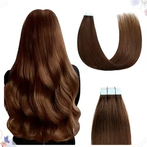 Silky Straight Remy Human Hair Tape in Hair Extensions #4 Chocolate Brown 16 inches Seamless Skin Weft 50 Gram 20Pcs/Pack for Volume & Length