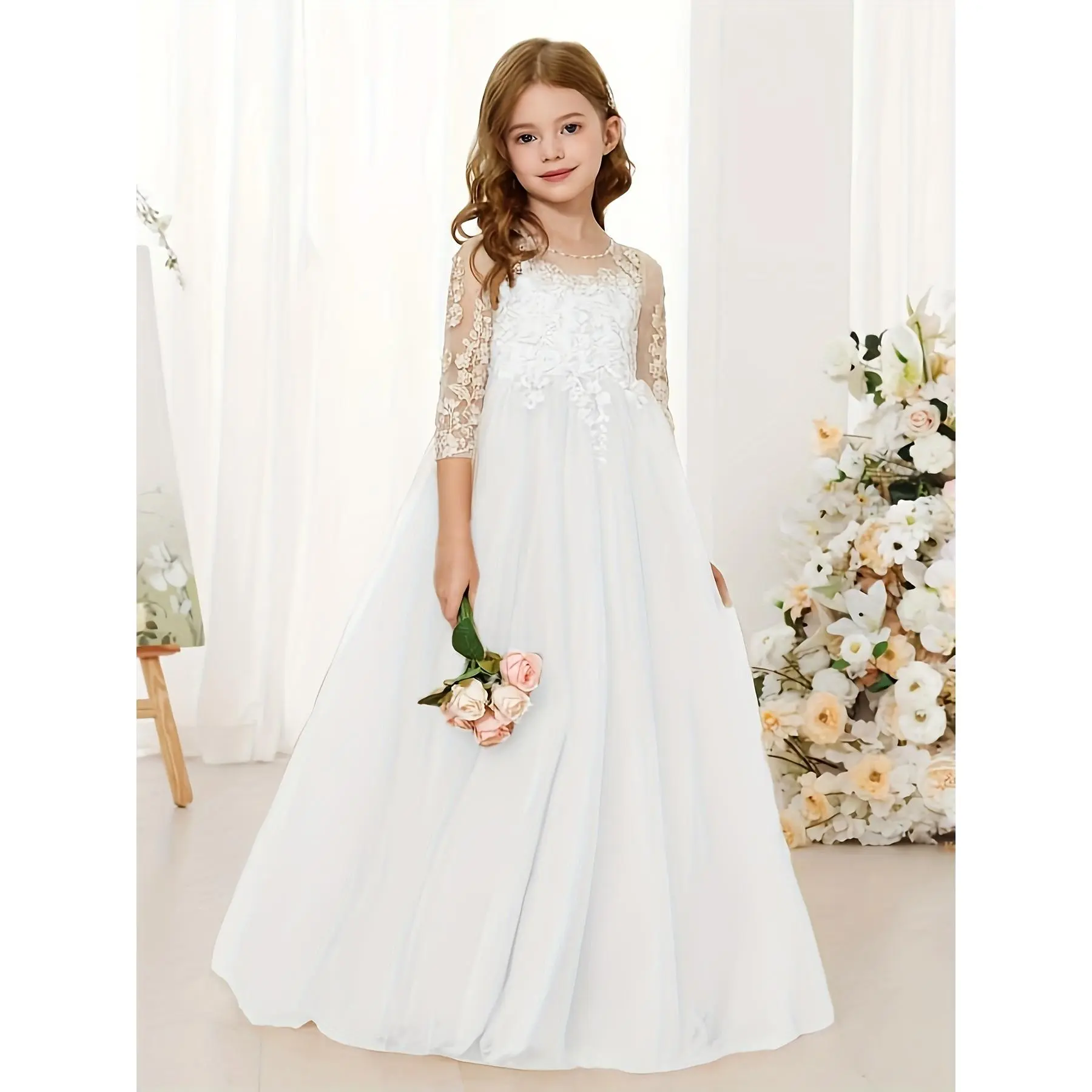 Elegant Girls' Long Sleeveless Lace Floral Bridesmaid Dress with Tulle  Skirt - White, Non-Stretch, Perfect Weddings & Occasions, Dresses Girls -  TikTok Shop