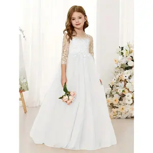 Elegant Girls' Long Sleeveless Lace Floral Bridesmaid Dress with Tulle Skirt - White, Non-Stretch, Perfect Weddings & Occasions, Dresses Girls