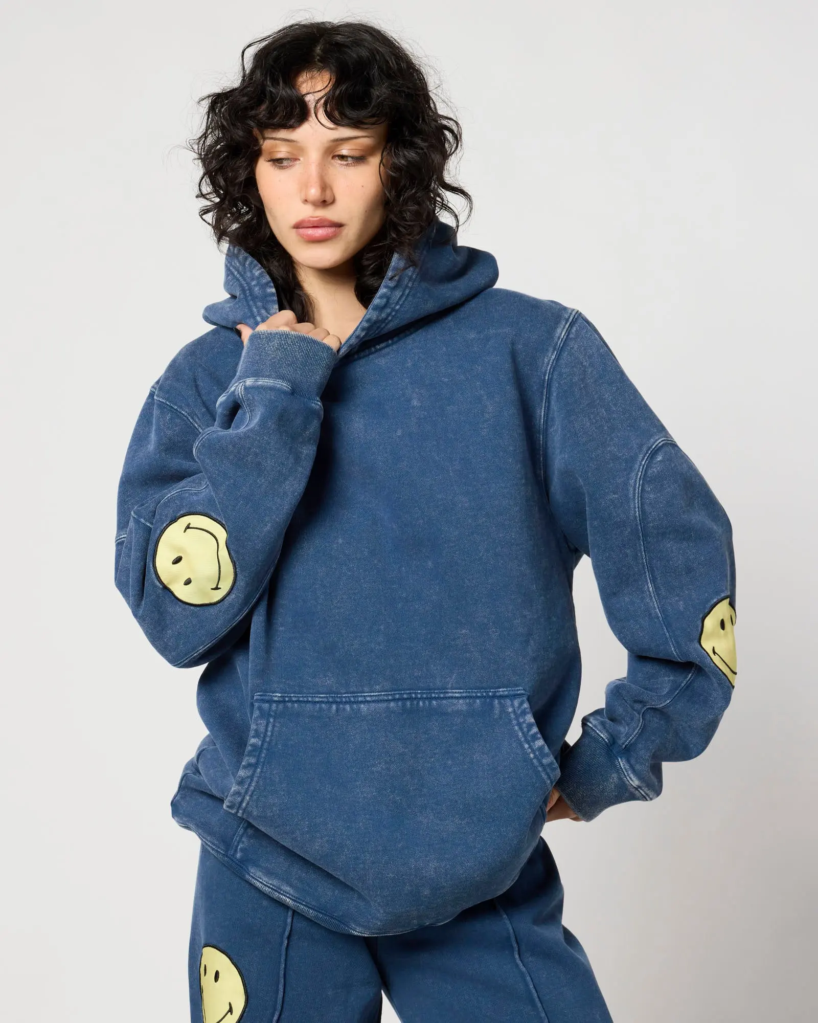 Smiley Official Mineral Wash Oversized Hoodie | Faux Denim Blue Graphic Sweatshirt