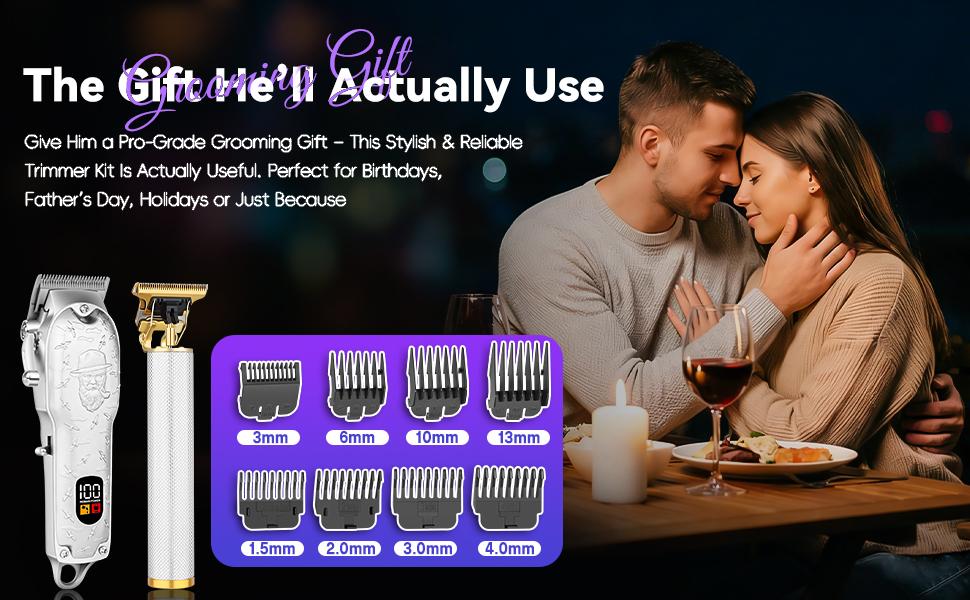 LQT Silver Vintage Beard Engraved 2-in-1 Men's Grooming Kit, Cordless Hair Clipper with LCD Display, Gold T-Blade Trimmer, Complete Rechargeable Barber Set with Guide Combs & Cape for Salon & Home DIY Haircuts, Fades, Edges & Beard Shaping