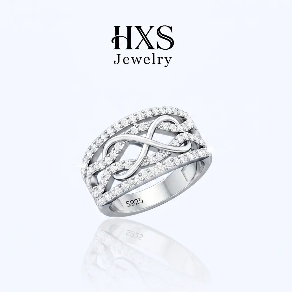 HXS 925 Sterling Silver Elegant Design Infinity Ring - Pave CZ, Braided Eternity Band, Meaningful Promise Ring for Female Adults, Engagement Jewelry