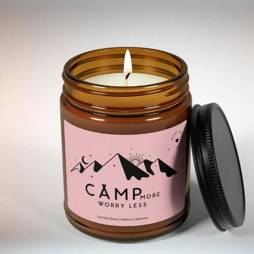 Camp More Worry Less Candle, Camping Gift, For Friend, Her, Bachelorette, Party, Pink Camp Candle