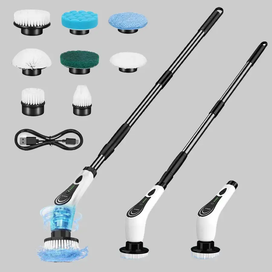 Wireless USB Charging Electric Spin Scrubber with Rotatable Head - IPX7 Full-Body Waterproof, 4 Replaceable Heads, 3 Adjustable Extension Handles, 2-Speed for Bathroom, Kitchen Home Care Cleaning Brush (Spin Scrubbing Function Included)