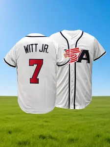 Men's USA #7 Stitched Baseball Jersey, Stitched Name & Number USA Flag Patch Button Down Baseball Shirt, Breathable Sportswear for Men Women Youth, S-3XL
